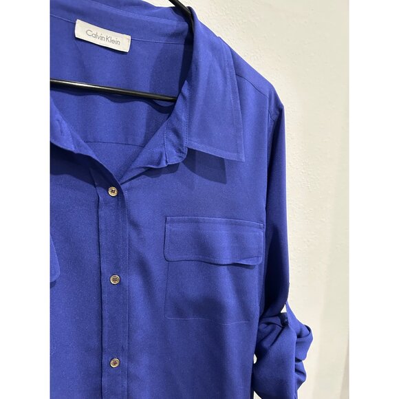 Calvin Klein Button-Up Royal Blue Shirt Rolled Sleeves Chest Pockets Sz Medium - Picture 4 of 8
